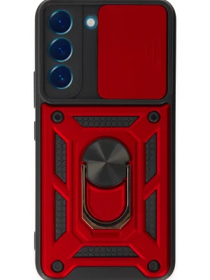 Newface Samsung Galaxy S22 Kılıf Pars Lens Yüzüklü Silikon - Kırmızı