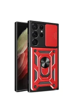 Newface Samsung Galaxy S23 Ultra Kılıf Pars Lens Yüzüklü Silikon - Kırmızı