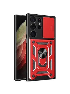 Newface Samsung Galaxy S23 Ultra Kılıf Pars Lens Yüzüklü Silikon - Kırmızı