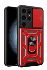 Newface Samsung Galaxy S24 Ultra Kılıf Pars Lens Yüzüklü Silikon - Kırmızı