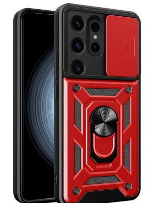 Newface Samsung Galaxy S24 Ultra Kılıf Pars Lens Yüzüklü Silikon - Kırmızı