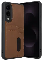 Newface Samsung Galaxy S25 Edge Sara Kartvizitli Deri Kılıf - Taba