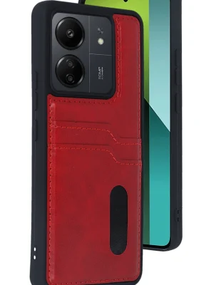 Newface Xiaomi Redmi 13C Kılıf Sara Kartvizitli Deri Kılıf - Kırmızı
