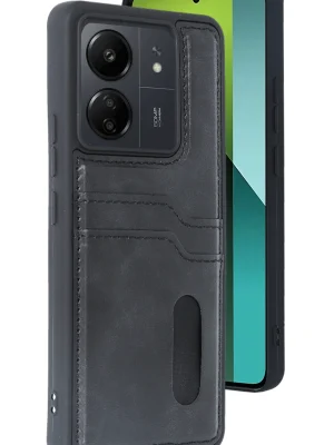Newface Xiaomi Redmi 13C Kılıf Sara Kartvizitli Deri Kılıf - Siyah