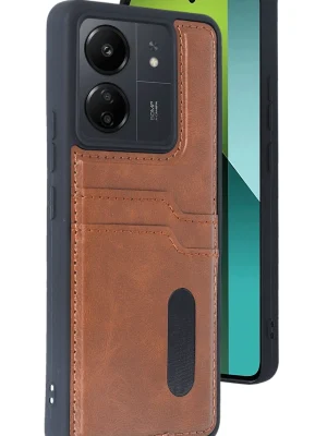Newface Xiaomi Redmi 13C Kılıf Sara Kartvizitli Deri Kılıf - Taba