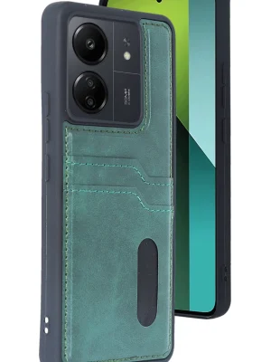Newface Xiaomi Redmi 13C Kılıf Sara Kartvizitli Deri Kılıf - Koyu Yeşil