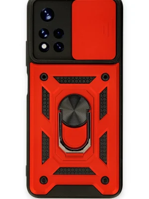 Newface Xiaomi Redmi Note 11T Kılıf Pars Lens Yüzüklü Silikon - Kırmızı