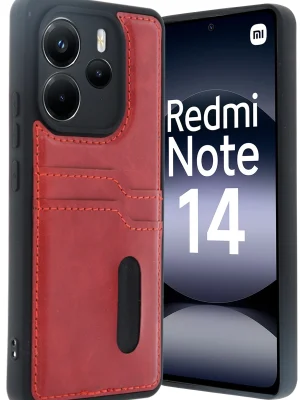 Newface Xiaomi Redmi Note 14 4G Kılıf Sara Kartvizitli Deri Kılıf - Kırmızı