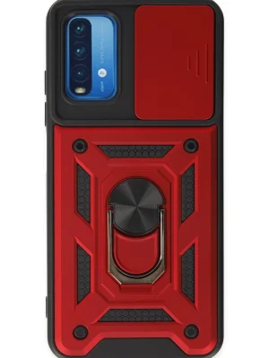 Newface Xiaomi Redmi Note 9 4G Kılıf Pars Lens Yüzüklü Silikon - Kırmızı