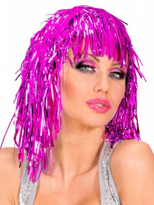 Pembe Fuşya Işıltılı Metalize Parti Peruğu