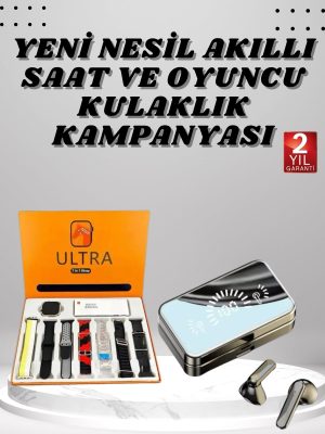 Aynalı Bluetooth Kulaklık ve 7 Kordonlu Akıllı Saat Dijital Göstergeli Uzun Pil Ömrü