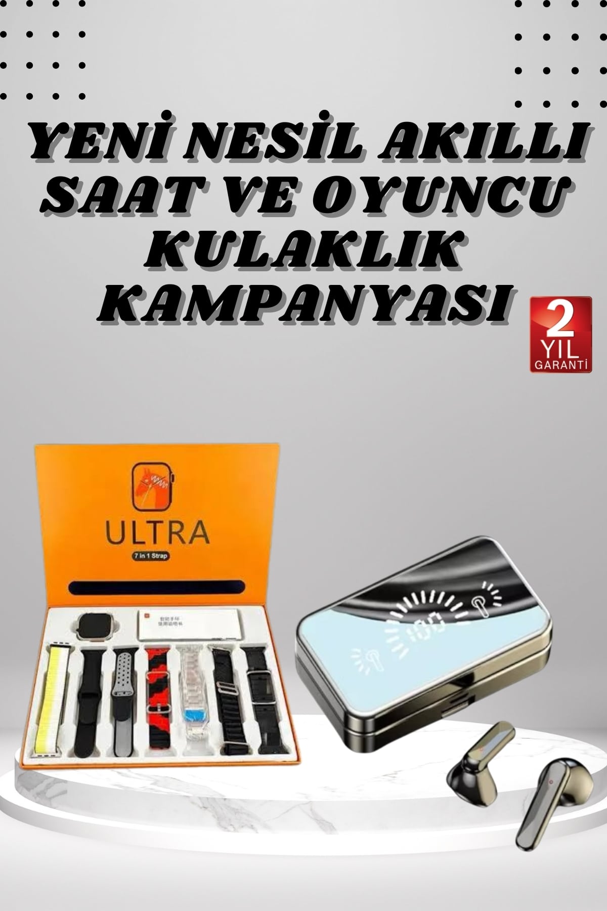 1215581_1-33.jpg Aynalı Bluetooth Kulaklık ve 7 Kordonlu Akıllı Saat Dijital Göstergeli Uzun Pil Ömrü - Görsel 1