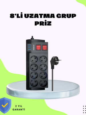 Termal Korumalı 8 Prizli 3 USB’li Uzatma Kablosu