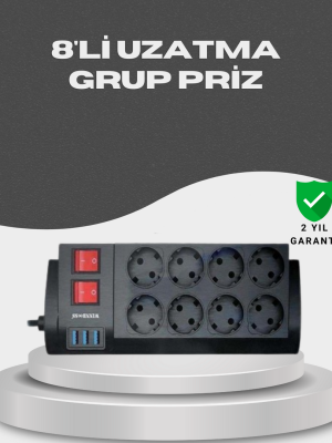 Akım Korumalı 8’li Priz 3 USB’li Uzatma Kablosu Isıya Dayanıklı 2 Metre