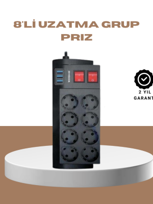 Güçlü Termal Korumalı 8 Priz + 3 USB Çoklu Uzatma Kablosu 2m