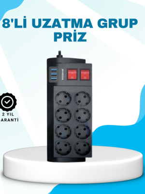 Isıya Dayanıklı Termal Akım Korumalı 8'li Priz ve 3 USB Girişli Uzatma Kablosu