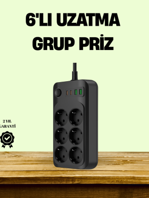 2500W Güçlü 6’lı Priz USB ve Type-C Çıkışlı Termal Korumalı