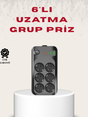 6’lı Grup Priz Termal Korumalı USB Type-C Çoklu Priz 2 Metre Kablo