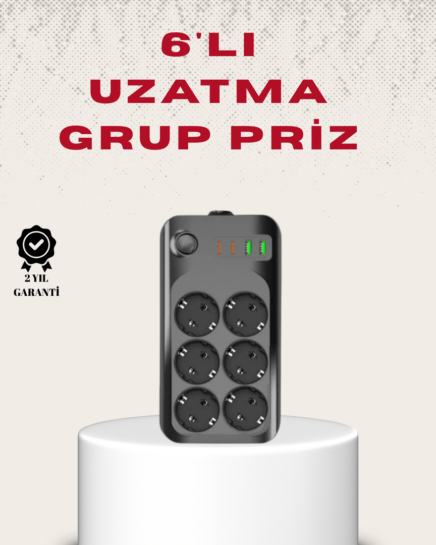 1244442_2-37.png 6’lı Grup Priz Termal Korumalı USB Type-C Çoklu Priz 2 Metre Kablo - Görsel 1