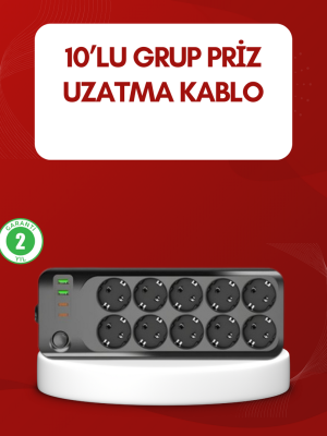 USB Type-C Destekli 10’lu Grup Priz Termal Korumalı 2m Kablo 2500W