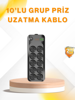 10’lu Çoklu Priz Termal Korumalı USB Type-C Çıkışlı 2500W Uzatma Kablosu