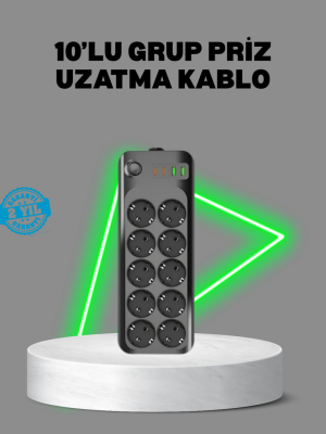Termal Akım Korumalı 10’lu Grup Priz USB Type-C Hızlı Şarj 2500W 2m Kablo