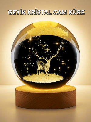 3D Lazer İşlemeli Geyik Kristal Küre Sıcak Işıklı Gece Aydınlatması