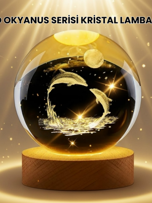 Lazer İşlemeli Yunus Kristal Küre Sıcak Işıklı Ahşap Standlı