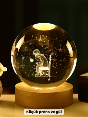 Küçük Prens Temalı Büyük Boy Işıklı Cam Küre Ahşap Stand