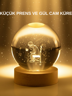 Küçük Prens Cam Küre USB Işıklı Ahşap Standlı Büyük Boy