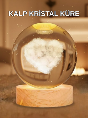 Ahşap Standlı Kalp Motifli Işıklı Cam Küre Hediye Seçeneği