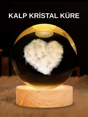 LED Işıklı Kalp Desenli Cam Küre Büyük Boy Ahşap Tabanlı