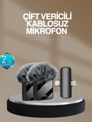2’li Kablosuz Yaka Mikrofonu Type-C ve Lightning Uyumlu Profesyonel Set